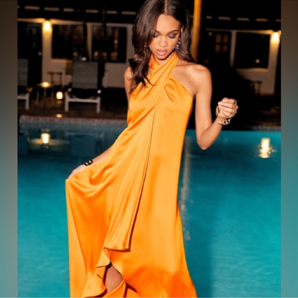 Ramy Brook Carey Satin Halter Maxi Dress In Orange- Nwt